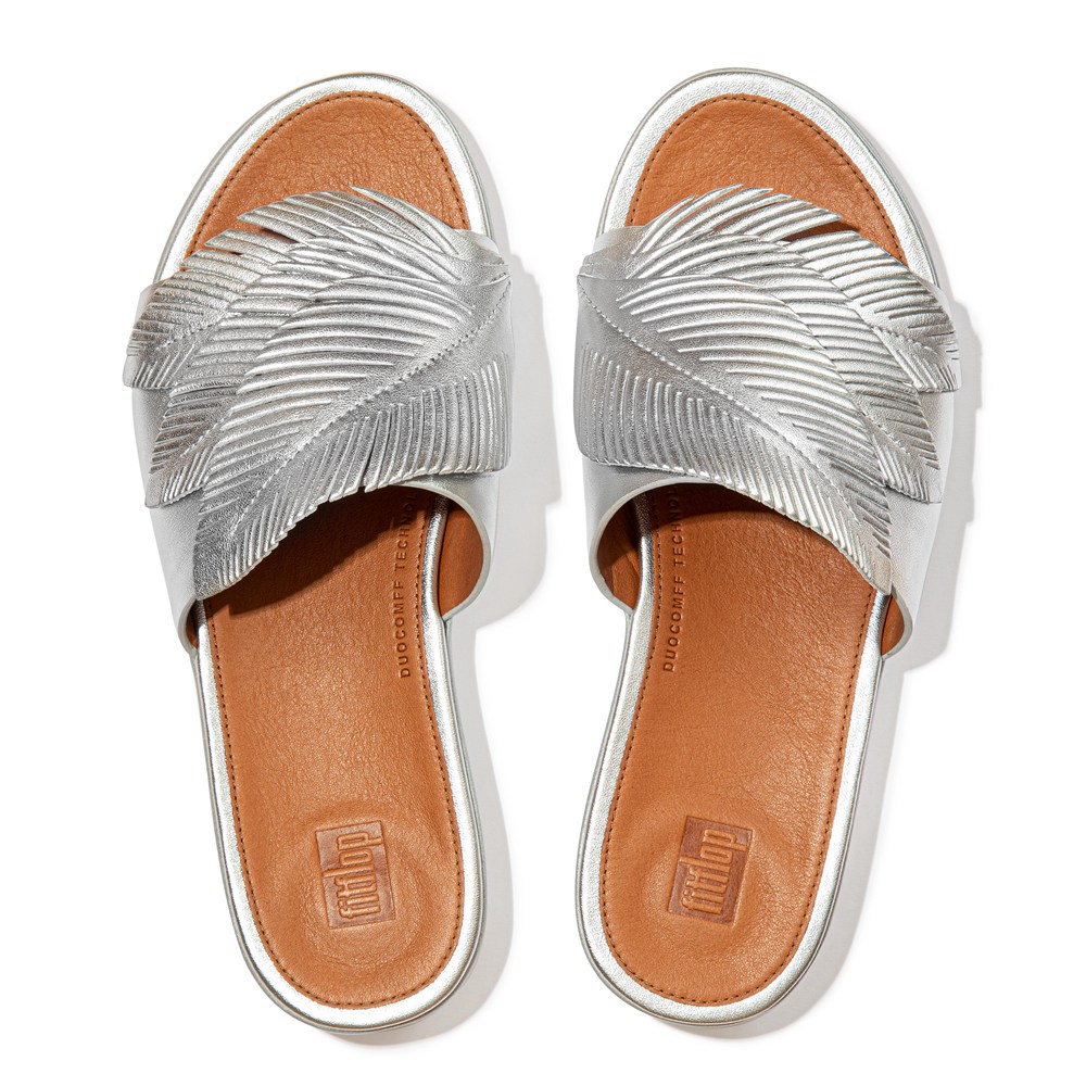 Fitflop Womens Slides - Sola Feather Metallic Leather - Silver - 426-PQHWAI
